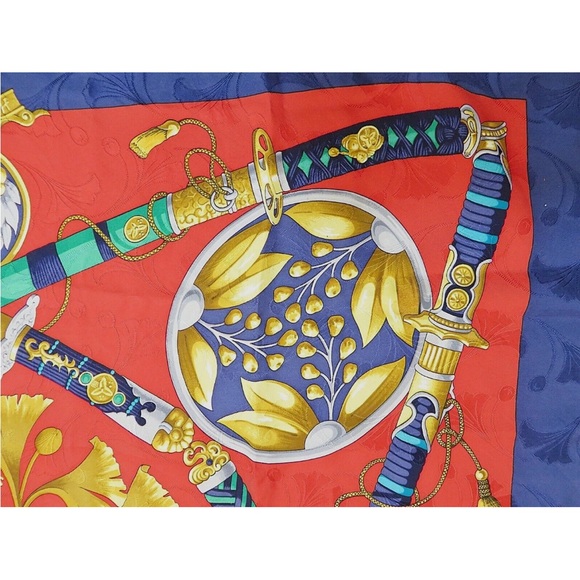 Hermes Vibrant Red and Blue Scarf with Gold Details - Picture 5 of 12